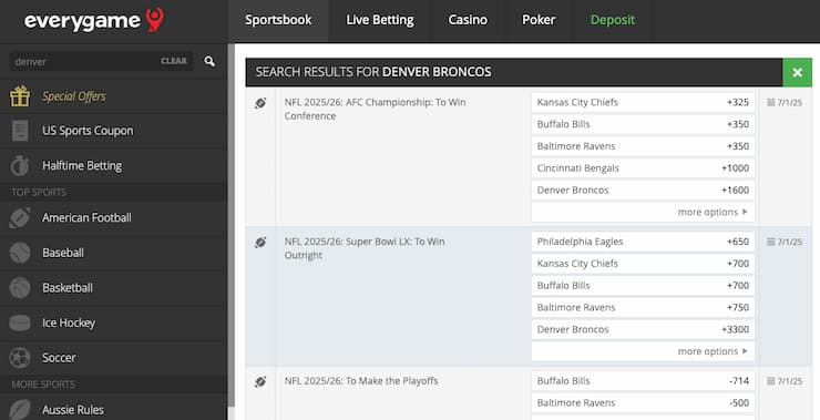An image of the betting screen from Everygame, a popular online sportsbook in Idaho.